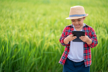 Asian Little boy watching tablet and interested in learning the surroundings in the green fields, education concept outside the classroom Educational freedom