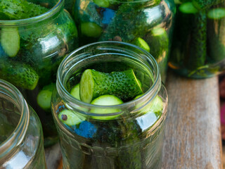 cucumbers in a jar, canning pickled gherkins
