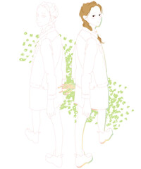 振り返る女性、二人で歩く散歩姿のイラスト、二人