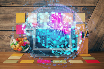 Double exposure of desktop computer and human brain drawing hologram. Ai concept.