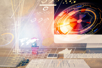 Double exposure of desktop with computer on background and tech theme drawing. Concept of big data.