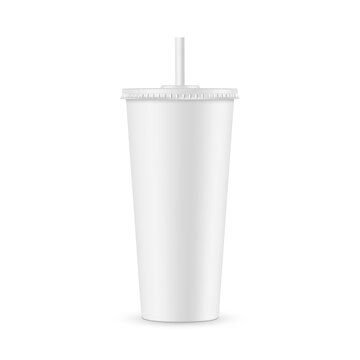 Tall Disposable Soda Cup Mockup With Straw Isolated On White Background. Vector Illustration