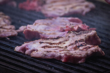 Roasting meat with beer in nature, barbecue concept