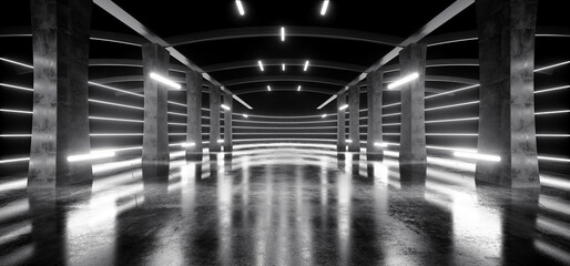 Large Hangar Garage Spotlights Neon Lasers White Glowing Empty Warehouse Tunnel Corridor Concrete Floor With Columns background Modern 3D Rendering