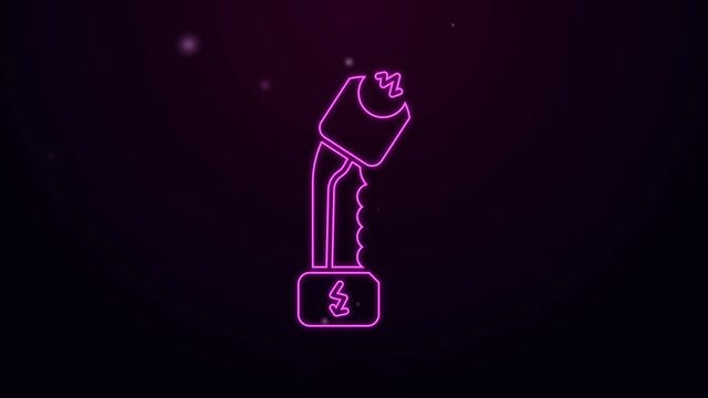 Glowing neon line Police electric shocker icon isolated on purple background. Shocker for protection. Taser is an electric weapon. 4K Video motion graphic animation.