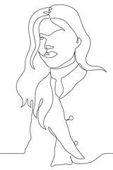 portrait of a young woman with long flowing hair, she sits in a coat and looks to the side. one continuous line drawing of a beautiful woman wearing a raincoat