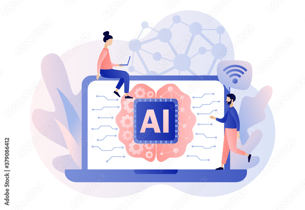 Poster artificial intelligence concept. digital brain with neural network on laptop screen. ai, machine lea
