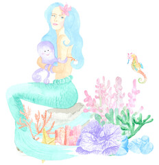 Watercolor illustration depicting a beautiful mermaid with an octopus in her arms among sea plants. Perfect for textile, printing, web design, souvenirs, children's photo albums and other creative ide
