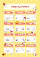 Wall calendar 2021. Monthly calendar decorated with funny super hero kittens. Vector illustration 10 EPS.