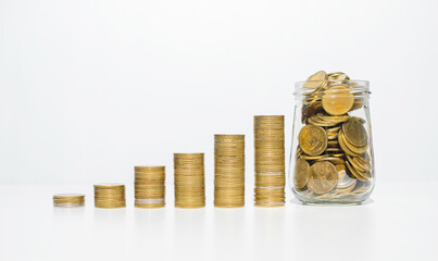 money wealth savings concept. row of coins stack and coins growth in container to collect increase growth up with dividend income form success investment.