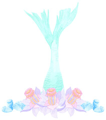 Watercolor marine illustration of mermaid tail with flowers. Perfect for textile, printing, web design, souvenirs, children's photo albums and many other creative ideas.