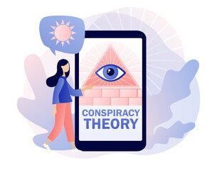 Conspiracy theory. Pyramid with all-seeing eye on smartphone screen and tiny woman. Symbol of world government. Modern flat cartoon style. Vector illustration on white background