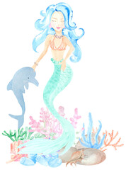 Watercolor marine illustration of a mermaid with a dolphin. Perfect for textile, printing, web design, souvenirs, children's photo albums and many other creative ideas.