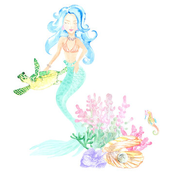 Watercolor illustration of a mermaid underwater world with sea turtle and beautiful seaweed. Perfect for textile, printing, web design, souvenirs, children's photo albums and other creative fields.