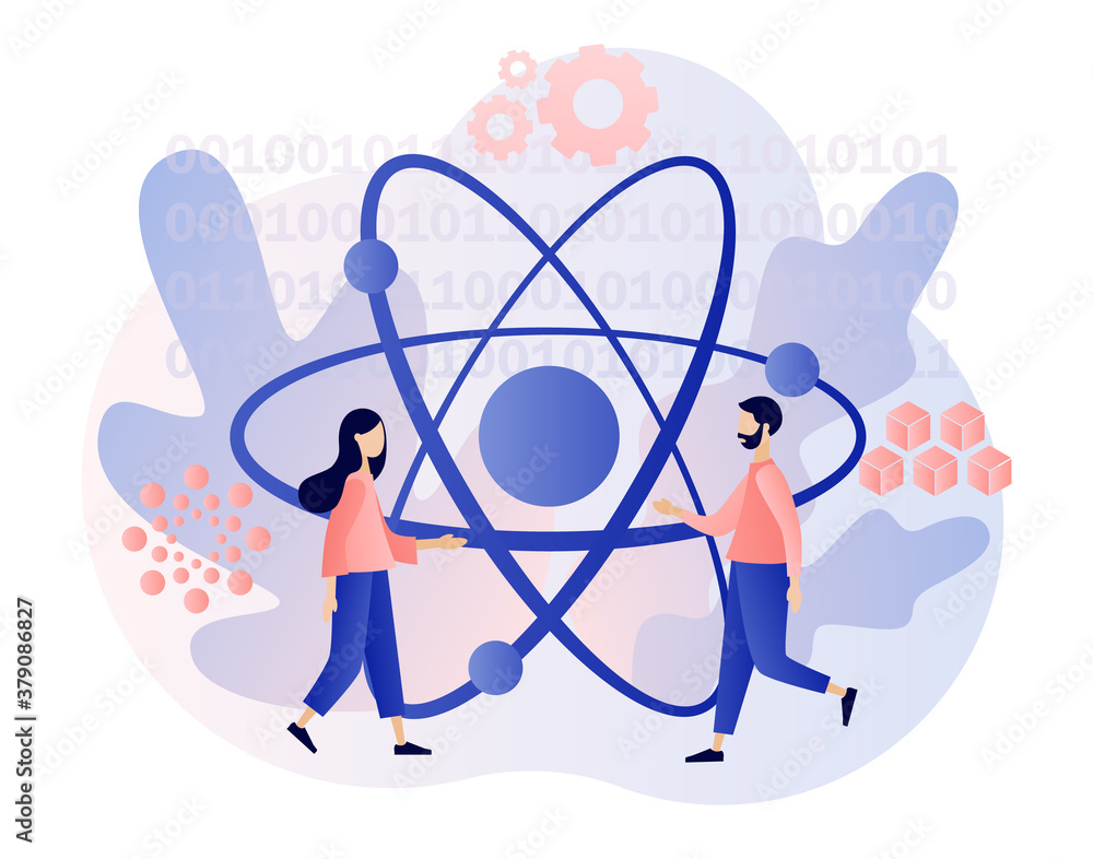 Poster quantum computing concept. tiny people engineers and scientists investigate quantum. optical technol