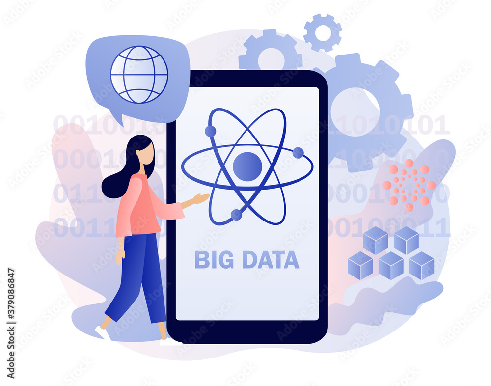 Poster big data. quantum computing concept. optical technology, photonics research. tiny woman engineer and