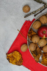 autumn background decor walnuts apples copy space text