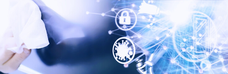 House cleaning concept. Wipe dust off surfaces. Disinfectant treatment of door handles TV...