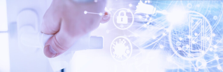 House cleaning concept. Wipe dust off surfaces. Disinfectant treatment of door handles TV...