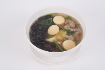 Clear Soup egg tofu, Mince pork with seaweed on white background.