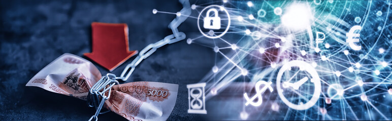 Business concept. The depreciation of the national currency. Bill with the inscription "5000 thousand rubles". Inflation and stagnation. Tighten russian bill with measuring chain.