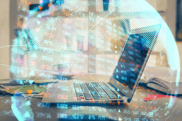 Multi exposure of business theme icons and table with computer background. Concept of success.