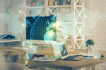 Multi exposure of business theme icons and table with computer background. Concept of success.