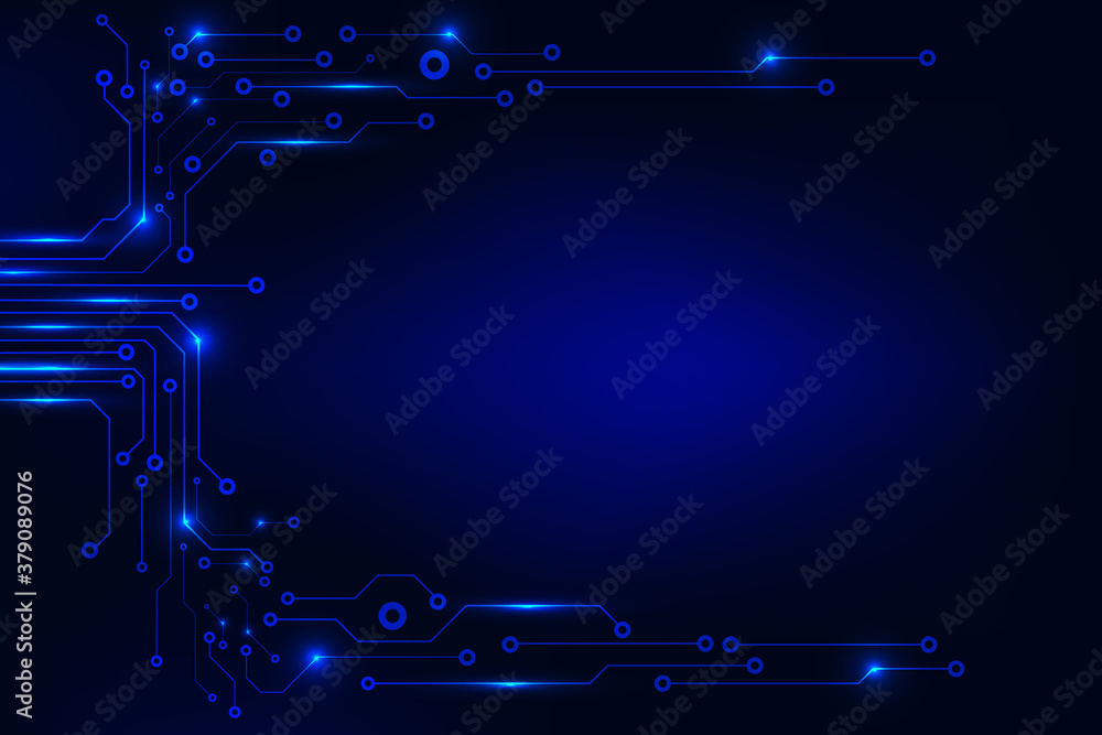 Poster Circuit Board Sci fi Processing Futuristic Element Technology Background. Glow Blue Abstract PCB Trace Data Transfer Design Vector.