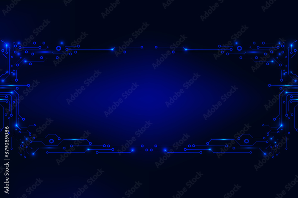 Poster Circuit Board Sci fi Processing Futuristic Element Technology Background. Glow Blue Abstract PCB Trace Data Transfer Design Vector.