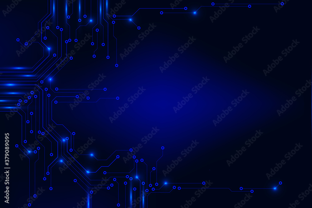 Poster Circuit Board Sci fi Processing Futuristic Element Technology Background. Glow Blue Abstract PCB Trace Data Transfer Design Vector.