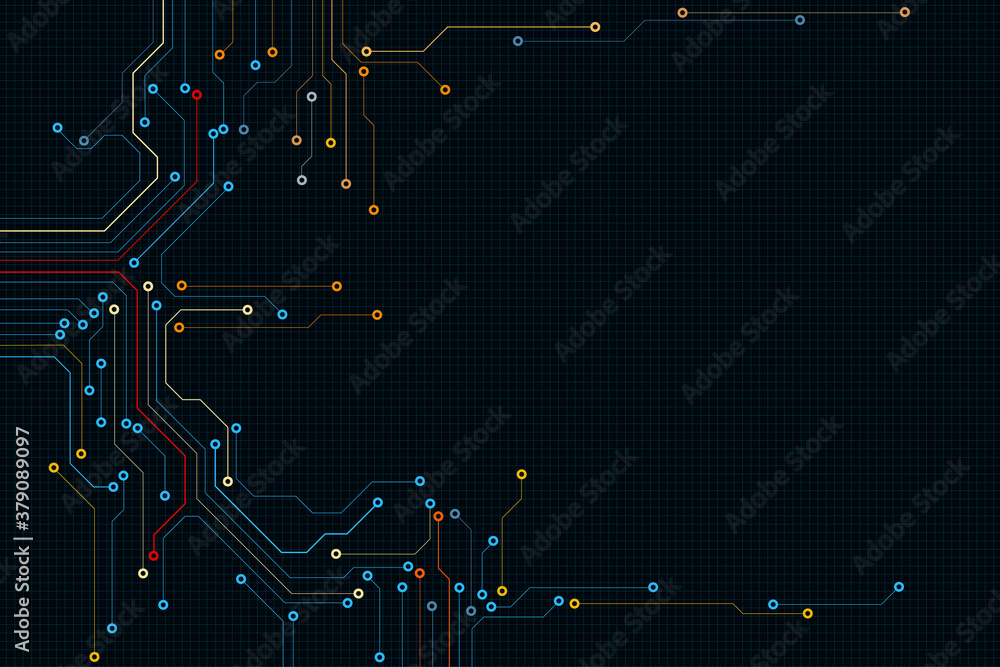 Aufkleber Circuit Board Modern Color Processing Futuristic Element Technology Background. Colorful Abstract PCB Trace Data Transfer Design Vector.