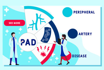 Vector website design template. PAD - Peripheral Artery Disease, acronym medical concept. illustration for website banner, marketing materials, business presentation, online advertising.