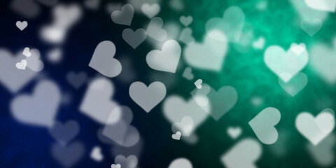 Abstract dark blue and light green background with flying hearts - obrazy, fototapety, plakaty