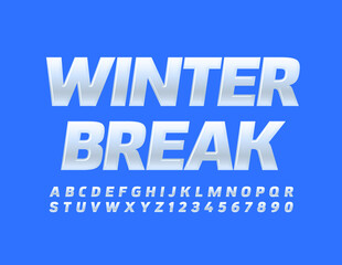 Vector holiday sign Winter Break. Cold White Font. Glossy modern Alphabet Letters and Numbers set