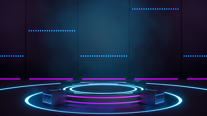 Futuristic sci-fi technology blank platform pedestal with blue and violet glowing neon lights for product presentation, 3d rendering © G3D Studio