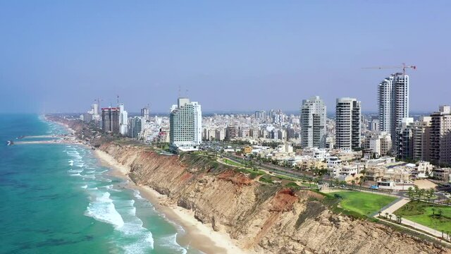 Aerial view of Netanya cliffside coastline, Israel.