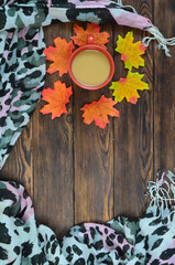 cozy home atmosphere warming cocoa drink in cold weather, warm stole and maple autumn leaves, cold prevention and thanksgiving day concept