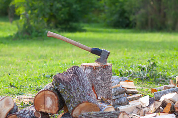 Harvesting firewood for winter season. Chopped firewood and wooden axe