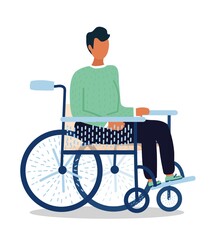 Fototapeta premium cartoon young man sit in wheelchair with blue elements and beige back and seat. Black trousers and green sweater. Hand drawn style. isolated on white background.