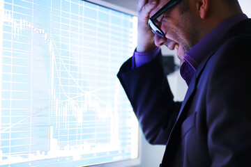 A businessman is looking at a graph on a monitor. An exchange broker evaluates stock market trends. A man with glasses in front of a curve of the dynamics of the economy.