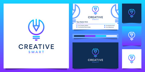 Creative logo design and business card. Modern gradient bulb and pencil with liner style