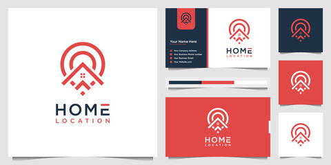 home location logo design and business card template. simple logo home and pin location symbol real estate.