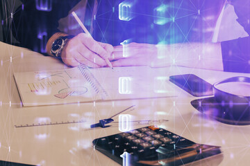 Writing Man hands with data theme multi exposure icons.