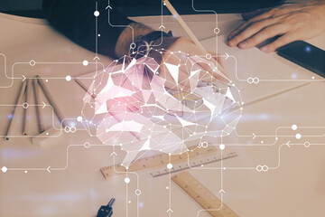 Brain multi exposure icon with man hands background.
