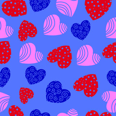 Pink, red and dark blue hearts pattern on light blue background