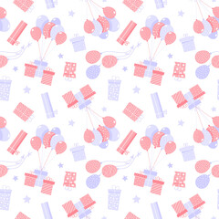 Seamless pattern with gift boxes with a bow and balloons. Holiday present fly. Fest background for wrapping paper, party flags, greeting cards back
