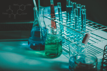 Test tube and science experiments ,Laboratory glassware containing chemical liquid,