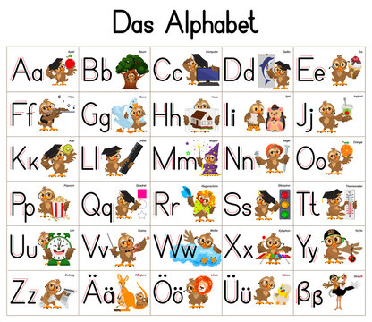 German deutsch ABC alphabet set cartoon letters with owl character