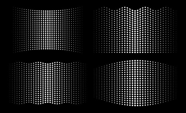White halftone wavy distorted gradient circle dots backgrounds set. Horizontal distort waved templates using halftone dots pattern. Vector illustration.