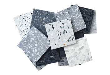 stack of multi color and pattern terrazzo stone samples isolated on white background with clipping...